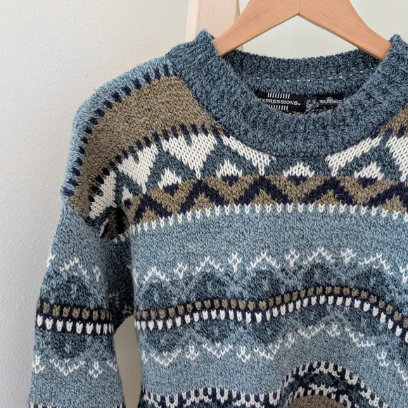 Vintage Abstract Geometric Chunky Textured Crewneck Sweater In Sky Blue/Tan - Picture 5 of 8